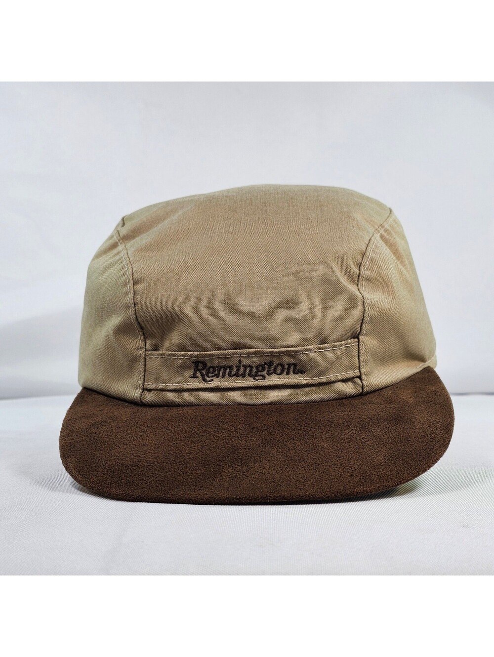 Vintage Remington Mens Tan Canvas Hunting Cap Flat Top Suede Ear Flaps Large